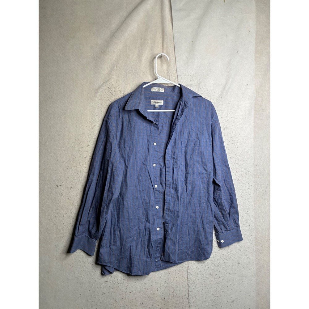 Claiborne Mens Blue Orange Windowpane Travelers Twill Cotton Shirt 15 32-33